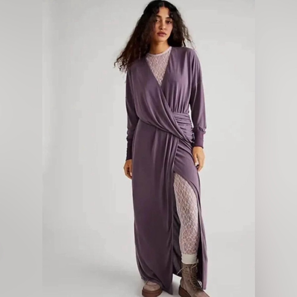Free People Riley Cupra Long Sleeve Faux Wrap Maxi Dress Plum Size Medium NWOT